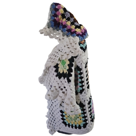 Hand Crafted Crochet Granny Square Cardigan open front Hooded Colorfull Sweater - Picture 5 of 17